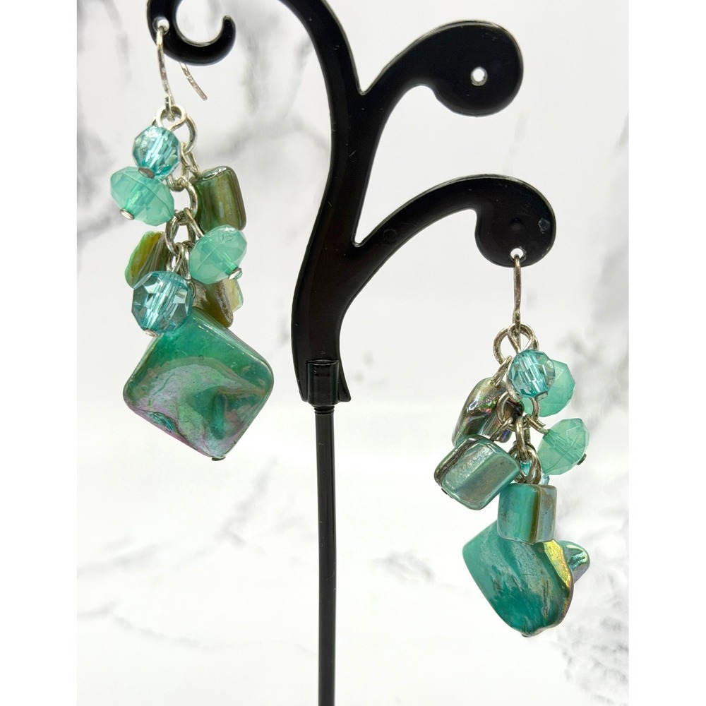 Iridescent Green Abalone Shell Chip Dangle Earrings Silver 2" Spring Easter